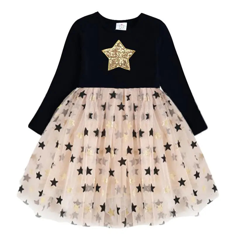 Robe princesse étoile noire à manches longues avec étoile dorée pailletée et jupe tulle étoilée pour activités quotidiennes