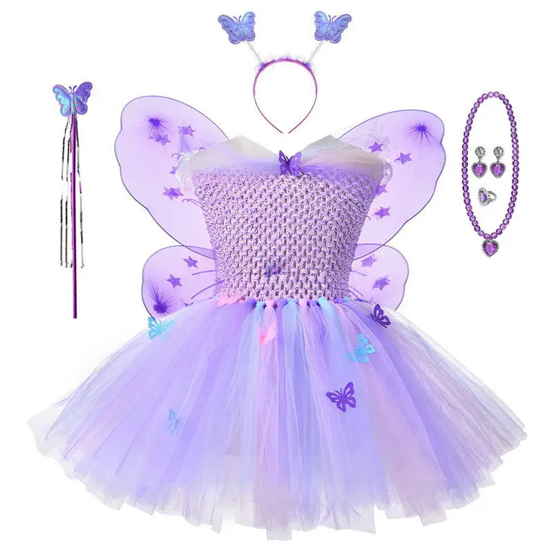 Robe tutu princesse papillon violet avec corsage crocheté, jupe tulipe transparente brodée papillons étoiles et ailes assorties