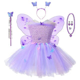 Robe tutu princesse papillon violet avec corsage crocheté, jupe tulipe transparente brodée papillons étoiles et ailes assorties