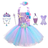 Robe tutu sirène ariel pastel violet et bleu avec corsage tricoté jupe tulle appliqués étoile de mer et fleurs
