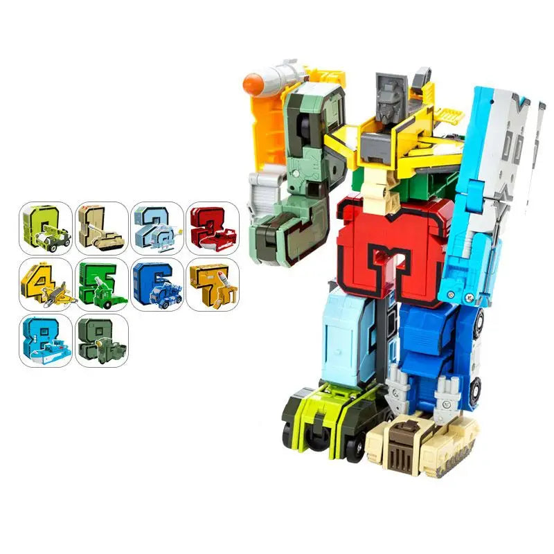 Robot alphabet vehicule transformable en plastique coloré avec plaque poitrine rouge et bras bleus robots alphabet transformables