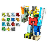 Robot alphabet vehicule transformable en plastique coloré avec design modulable combinant plusieurs véhicules