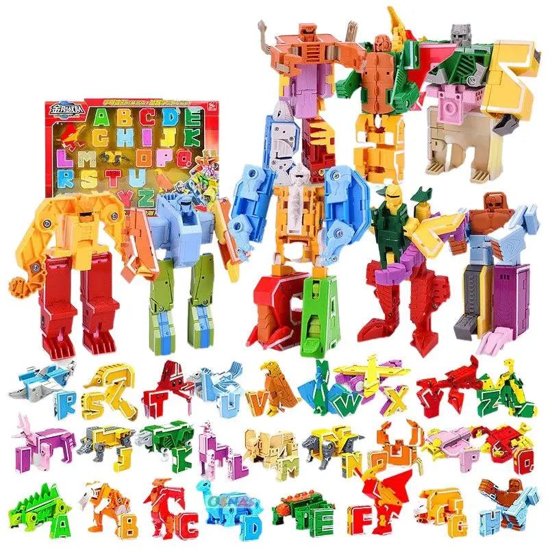 Une collection vibrante de robots alphabet transformables colorés en plastique morphant en personnages et animaux uniques