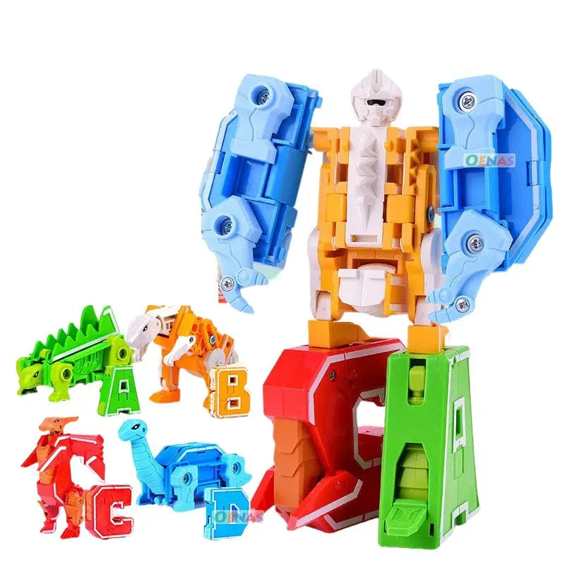 Robot alphabet transformable coloré avec bras et jambes bleus, torse orange, tête blanche, base rouge et verte