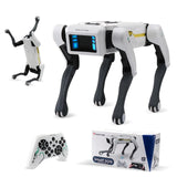 Robot chien intelligent blanc et noir avec écran bleu lumineux offrant mouvements réalistes et effets sonores avancés