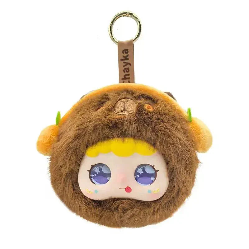 Peluche intelligent robot en jouet marron en forme de singe avec visage cartoon, yeux bleus et cheveux jaunes