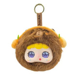 Peluche intelligent robot en jouet marron en forme de singe avec visage cartoon, yeux bleus et cheveux jaunes