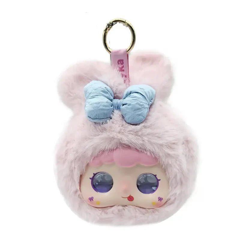 Robot en peluche intelligent IA en forme de lapin rose avec nœud bleu clair et yeux violets, peluche intelligente robot bébé