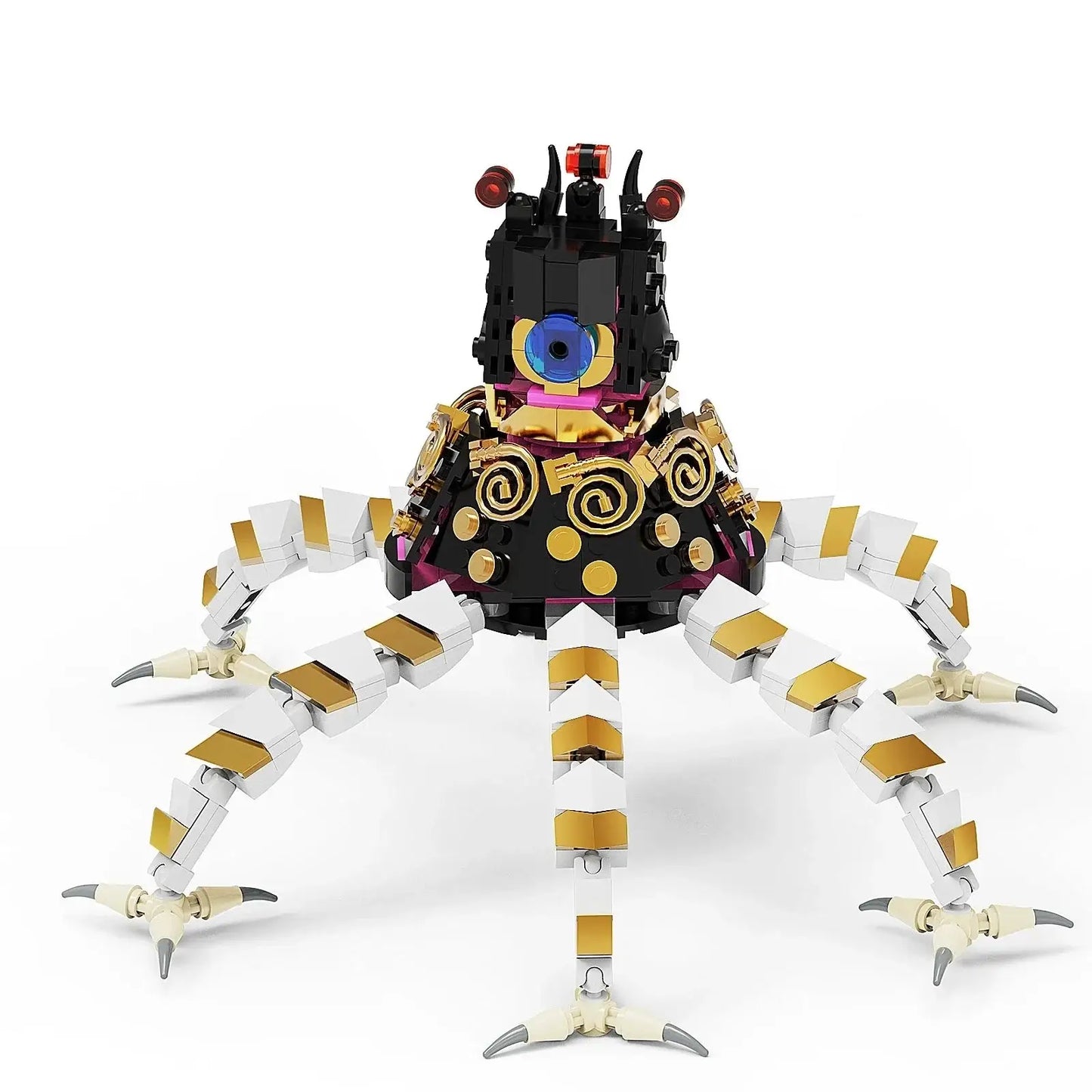 Lego robot gardien zelda breath of the wild noir or doré avec jambes articulées et yeux rouges lumineux