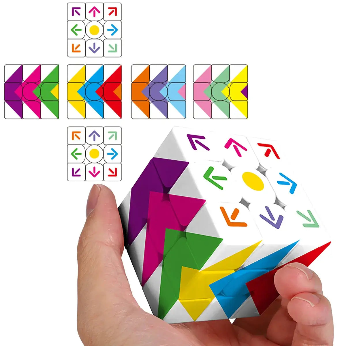 Rubik’s cube 3x3 flèches coloré avec facettes triangulaires multicolores tenu en main pour la bonne direction