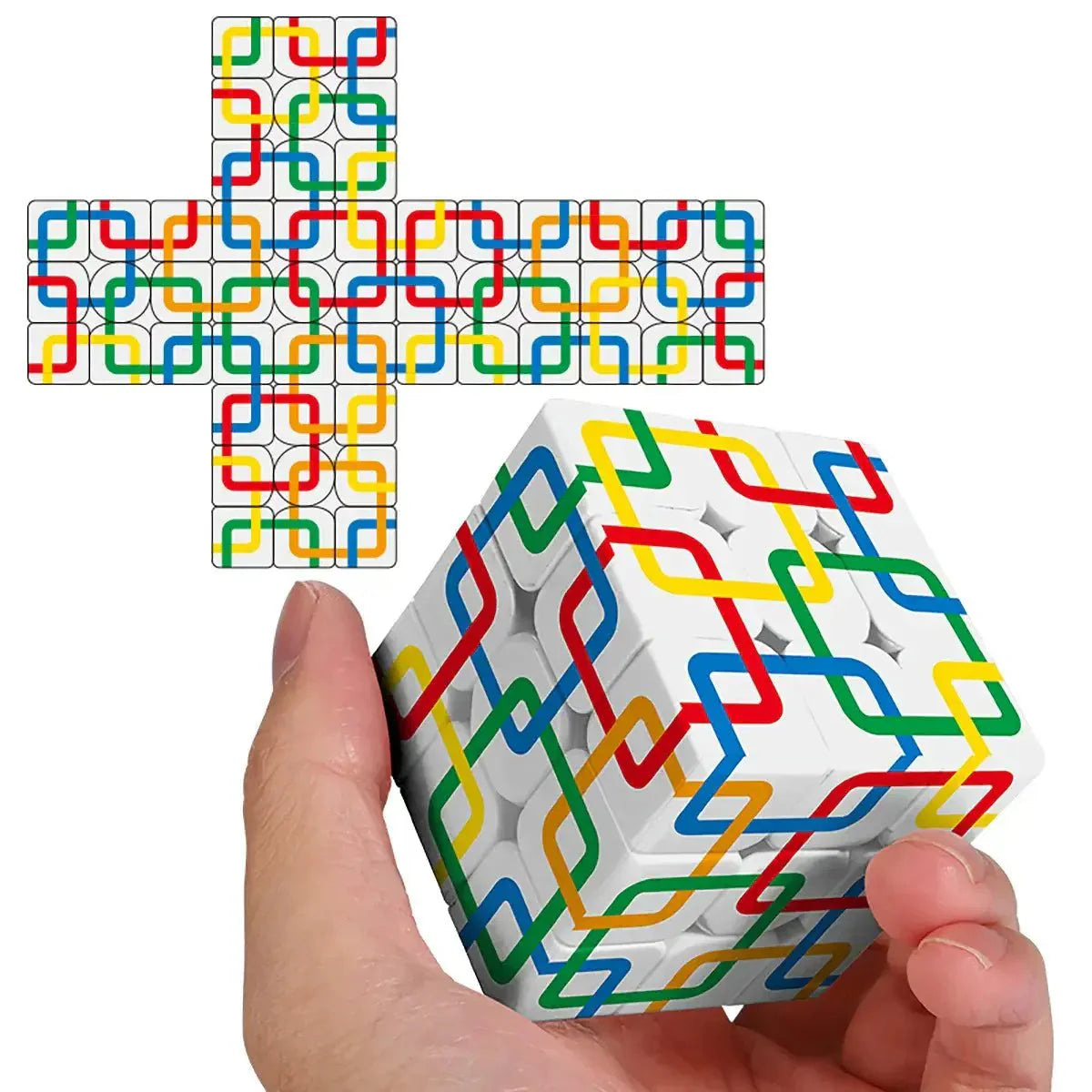 Cube carré entrelacé rubik’s cube blanc avec pièces plastiques colorées formant un motif en labyrinthe