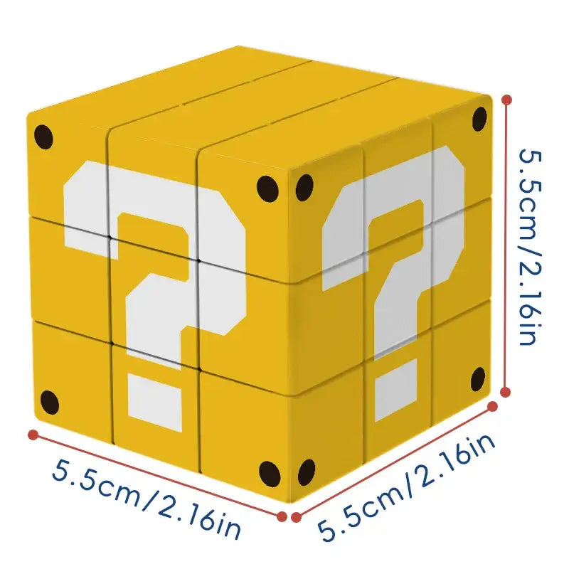 Rubik’s cube mario bloc point d’interrogation cube puzzle jaune vif avec points d’interrogation blancs et coins noirs