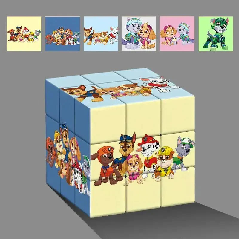 Rubik’s cube pat patrouille 3x3 coloré avec personnages paw patrol, bleu et jaune, version jeux et rubik’s cube original
