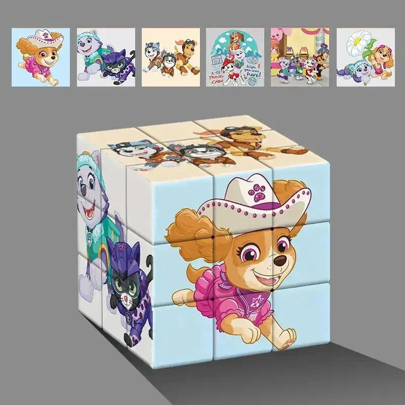 Cube puzzle interlockant coloré thème pat patrouille avec skye en rose sur pièces plastique bleu clair et beige rubiks cube 4x4
