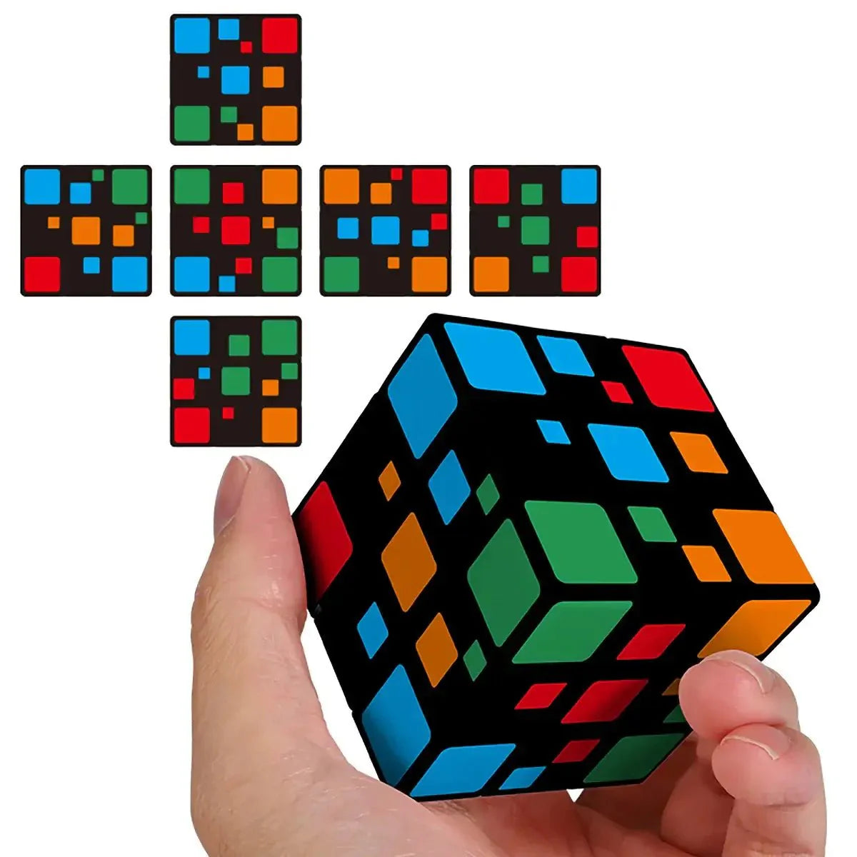 Rubik’s cube peinture noir avec motifs carrés colorés rouge bleu vert et orange casse-tête artistique couleur relief