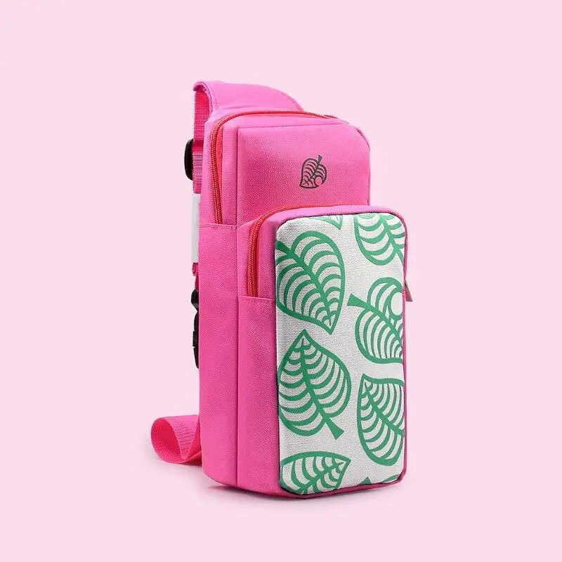 Sac à bandoulière rose vibrant pour nintendo switch avec compartiment rembourré et motif feuille verte sylvester