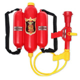 Sac à dos de pompier extincteur pour enfants en plastique rouge avec accents jaunes et sangles noires, modèle pulvérisation d’eau