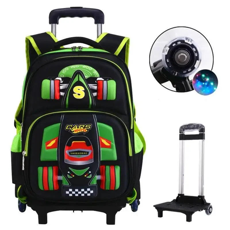 Sac à dos d’école à roulettes orthopédiques noir et vert néon avec design moderne et fermeture à glissière robuste