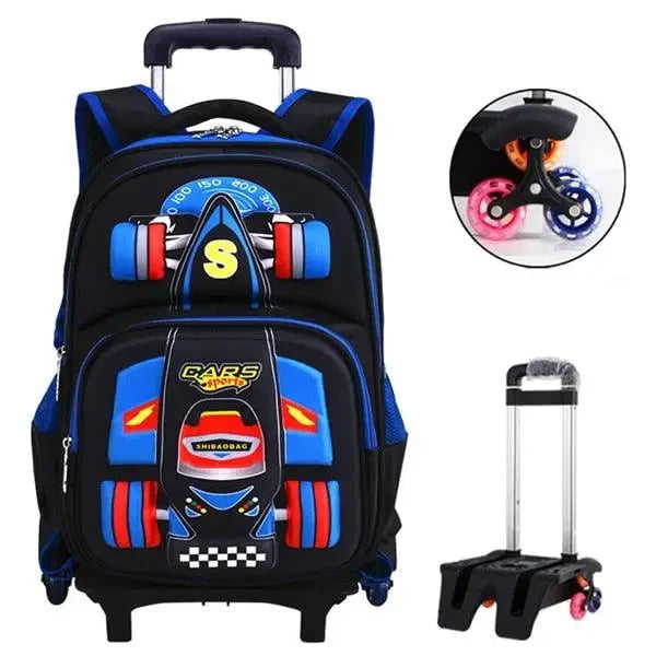Sac à dos d’école à roulettes orthopédiques noir et bleu design moderne avec six roues colorées et fermeture à glissière