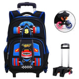 Sac à dos d’école à roulettes orthopédiques noir et bleu design moderne avec six roues colorées et fermeture à glissière