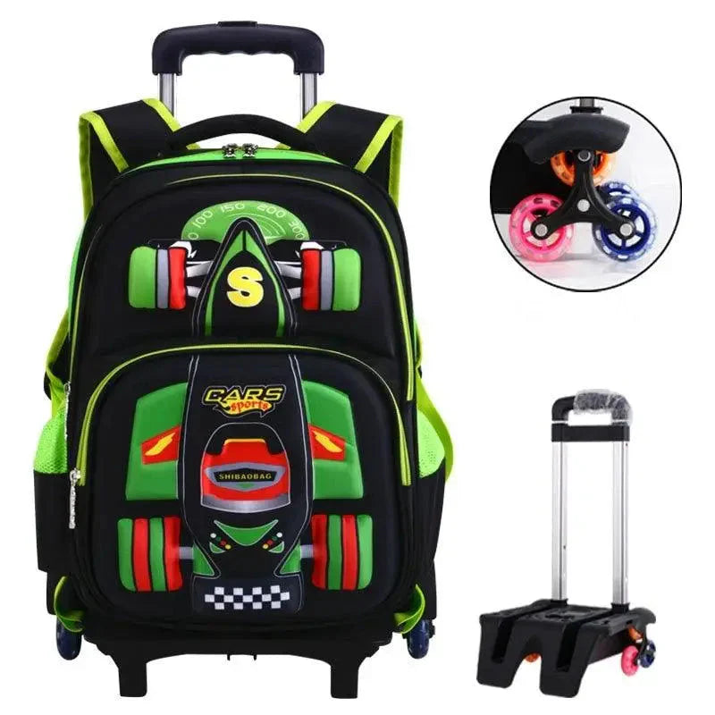 Sac à dos d’école à roulettes orthopédiques noir et vert néon design moderne avec fermeture à glissière et roues colorées