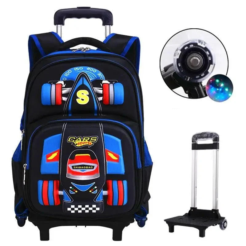Sac à dos d’école à roulettes orthopédiques noir et bleu avec design moderne et led sur roues avec fermeture à glissière