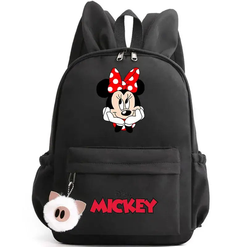 Sac à dos disney minnie mouse noir avec nœud rouge à pois, logo mickey en lettres rouges et porte-clés cochon peluche compagnon idéal avec nombreux compartiments cartable minnie mouse