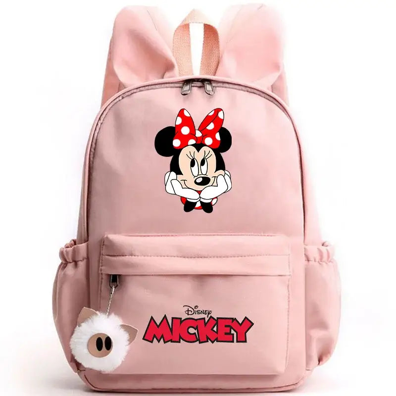 Sac à dos disney minnie mouse rose avec nœud rouge à pois et logo mickey brodé, compagnon idéal avec nombreux compartiments