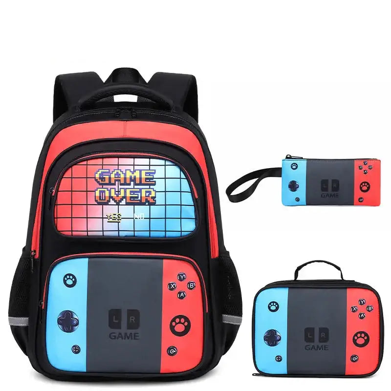 Sac à dos enfant jeux vidéo noir avec accents rouges et bleus et design manette de jeu pour enfant jeux vidéo