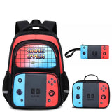 Sac à dos enfant jeux vidéo noir avec accents rouges et bleus et design manette de jeu pour enfant jeux vidéo