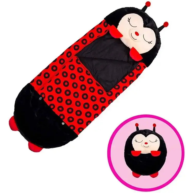 Sac de couchage dessin animé rouge et noir pour enfant avec visage brodé en peluche en forme de coccinelle