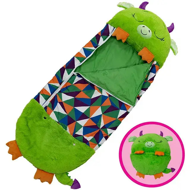 Sac de couchage dessin animé vert en forme de dragon avec corps à motifs géométriques doux pour couchage enfant