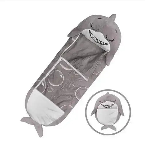 Sac de couchage dessin animé enfant gris en forme de requin avec visage souriant et motif de bulles sur le côté