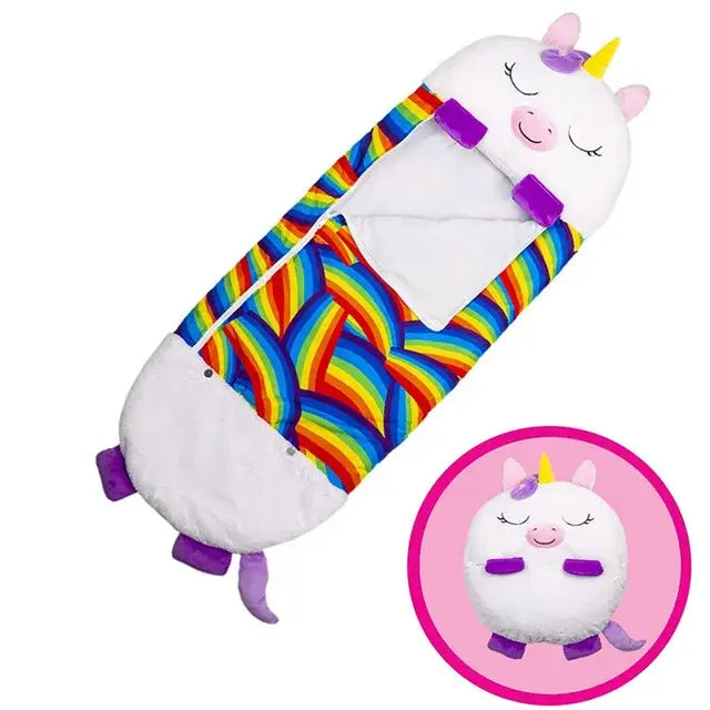 Sac de couchage dessin animé pour enfant en tissu doux blanc avec motif arc-en-ciel et accents violets