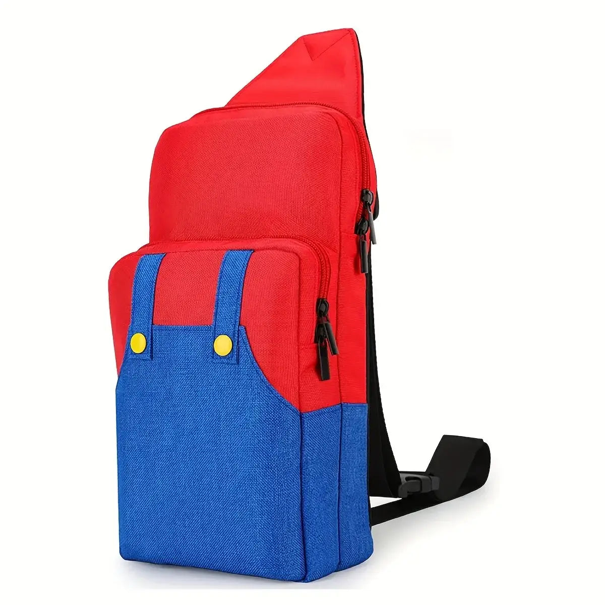 Sac de voyage nintendo switch 2 rouge et bleu avec boutons jaunes rangement optimisé steam deck et étui rigide poche zippée