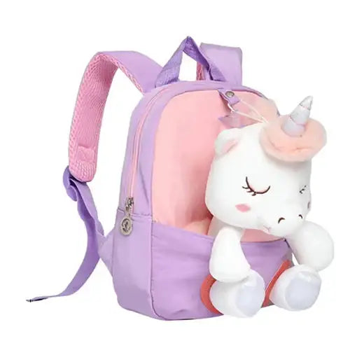 Sac scolaire maternelle petite licorne violet et rose avec peluche licorne intégrée à lavant