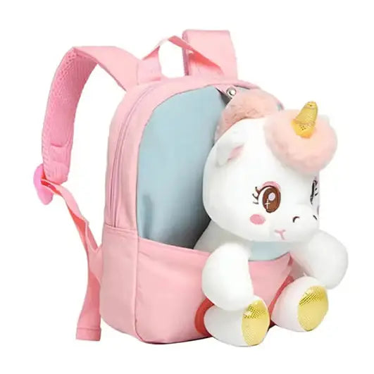 Sac scolaire maternelle petite licorne rose avec peluche licorne intégrée blanche aux touches dorées