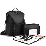 sac à langer MENDY noir, sac à dos à langer élégant et imperméable, sac à langer multifonction en cuir vegan, sac à langer design pour bébé avec matelas et pochette amovible