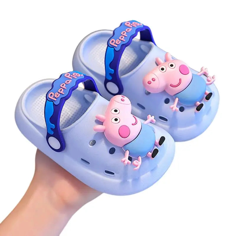 Sandales enfant peppa en bleu clair avec semelle antidérapante, décor 3d peppa pig rose et bride violette peppa pig