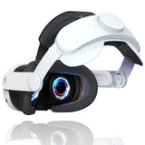 Casque de réalité virtuelle oculus quest 3 blanc et noir avec sangle Élite meta et lumières circulaires bleues, violettes et rouges dans les lentilles