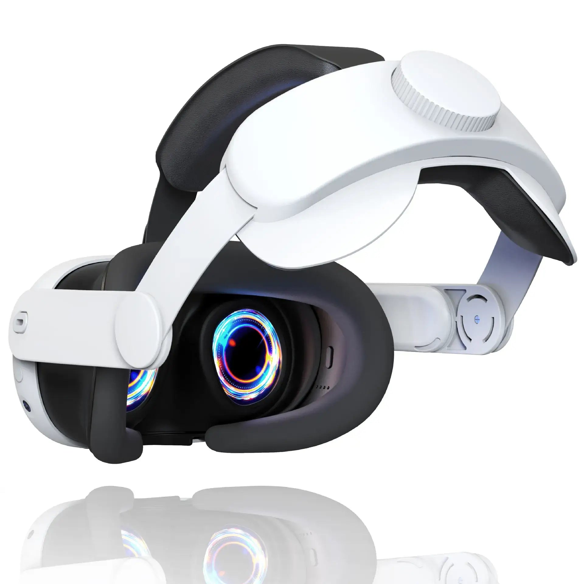 Casque de réalité virtuelle oculus quest 3 blanc et noir avec sangle Élite meta et lumières circulaires bleues, violettes et rouges dans les lentilles