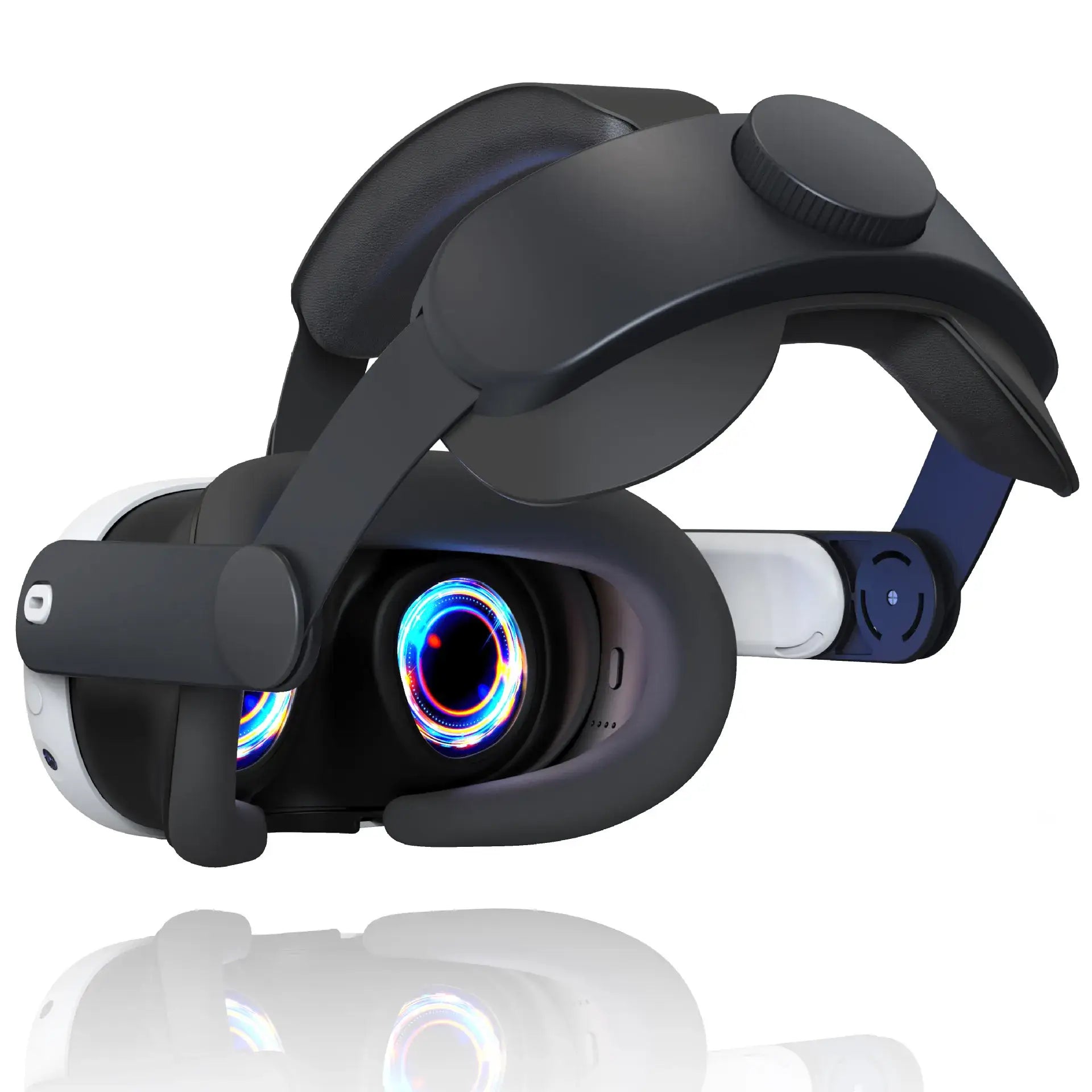 Sangle Élite meta quest 3 casque vr noir et blanc avec lumières circulaires bleues et violettes ergonomique redéfinit l’équilibre