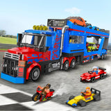 Set construction camion transporteur cubimana bleu et rouge avec rampes ajustables transportant 7 voitures jouets