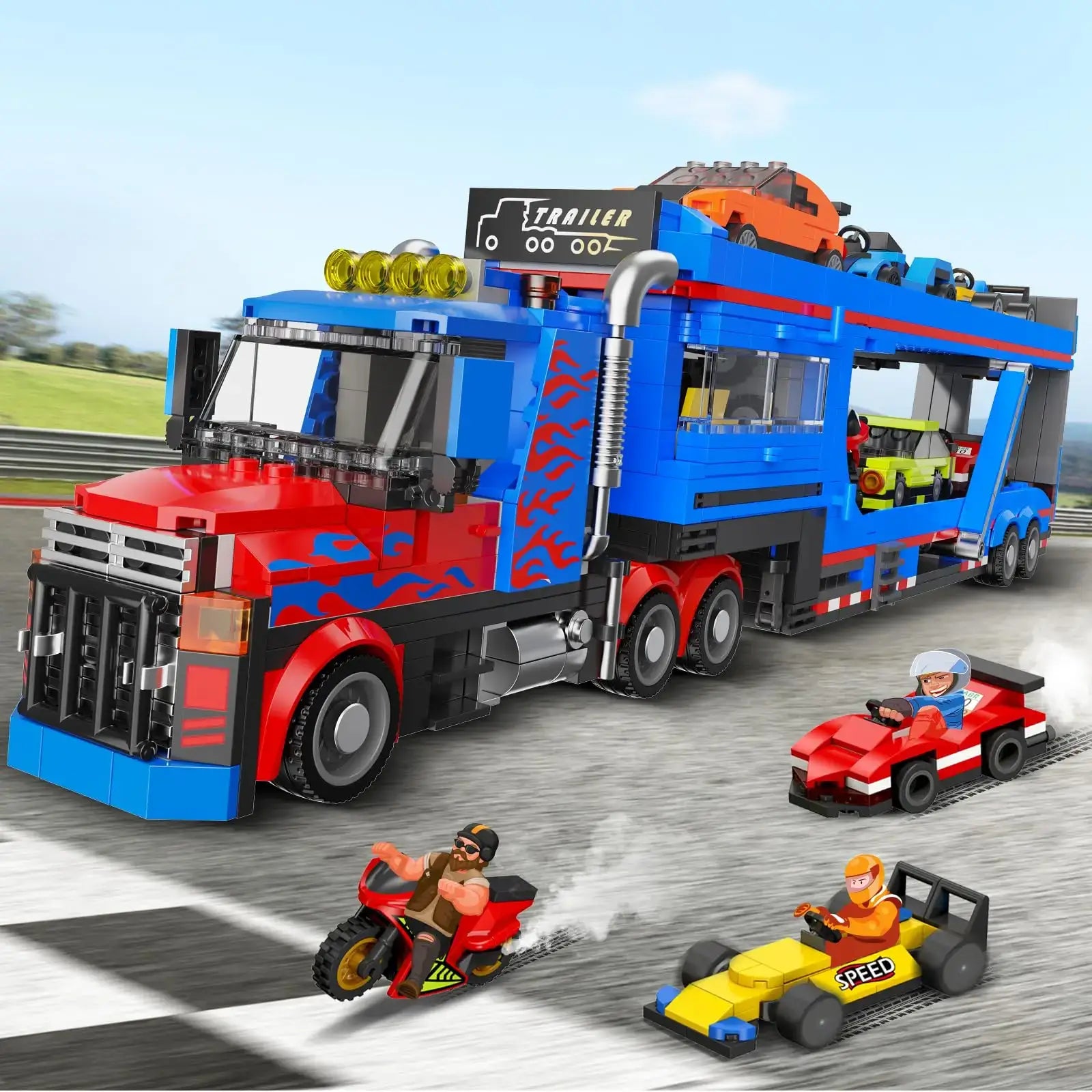 Set construction camion transporteur cubimana bleu et rouge avec rampes ajustables transportant 7 voitures jouets