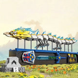 Set de construction dragon blanc zelda botw avec dragon lego jaune et bleu aux accents translucides turquoise sur socle mécanique noir et gris