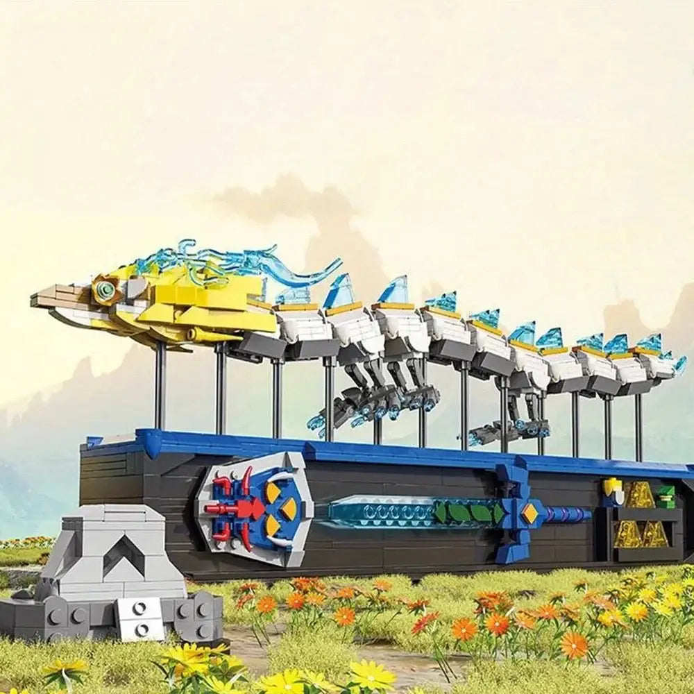 Set de construction dragon blanc zelda botw avec dragon lego jaune et bleu aux accents translucides turquoise sur socle mécanique noir et gris