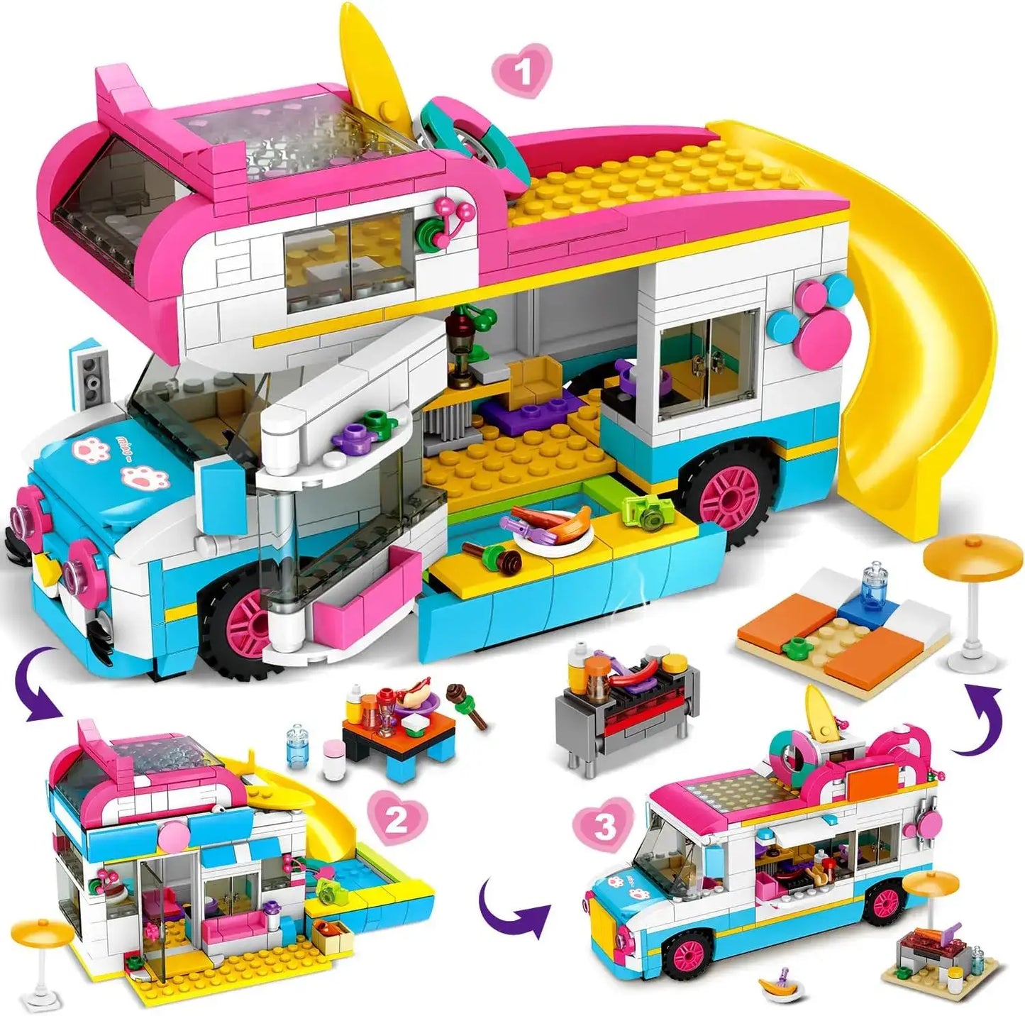 Set de construction van camping 3 en 1 avec un véhicule de chantier aménagé double étage rose blanc bleu et toboggan jaune