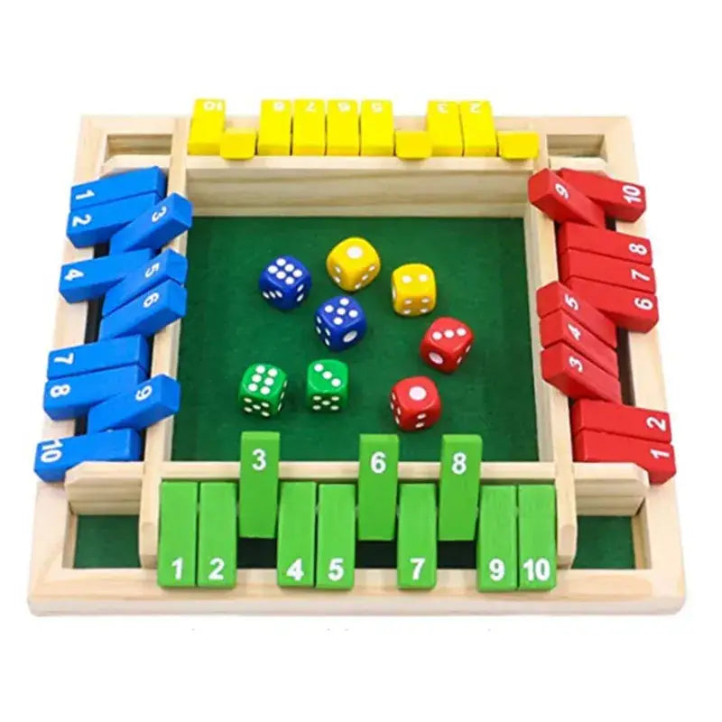 Wooden shut the box jeu familiale board with colorful numbered blocks and assorted dice for family play