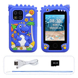 Coque smartphone jouet en silicone bleue motif dinosaure avec dessins colorés et pattes jaunes pour déguisement carnaval