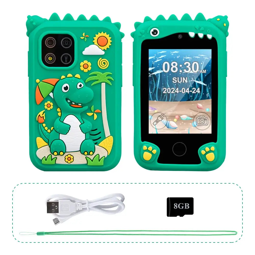 Coque de smartphone jouet en silicone verte à thème dinosaure avec dessin dino cartoon tenant un parapluie et palmiers, accents jaunes sur découpe appareil photo et empreintes de pattes visible au dos